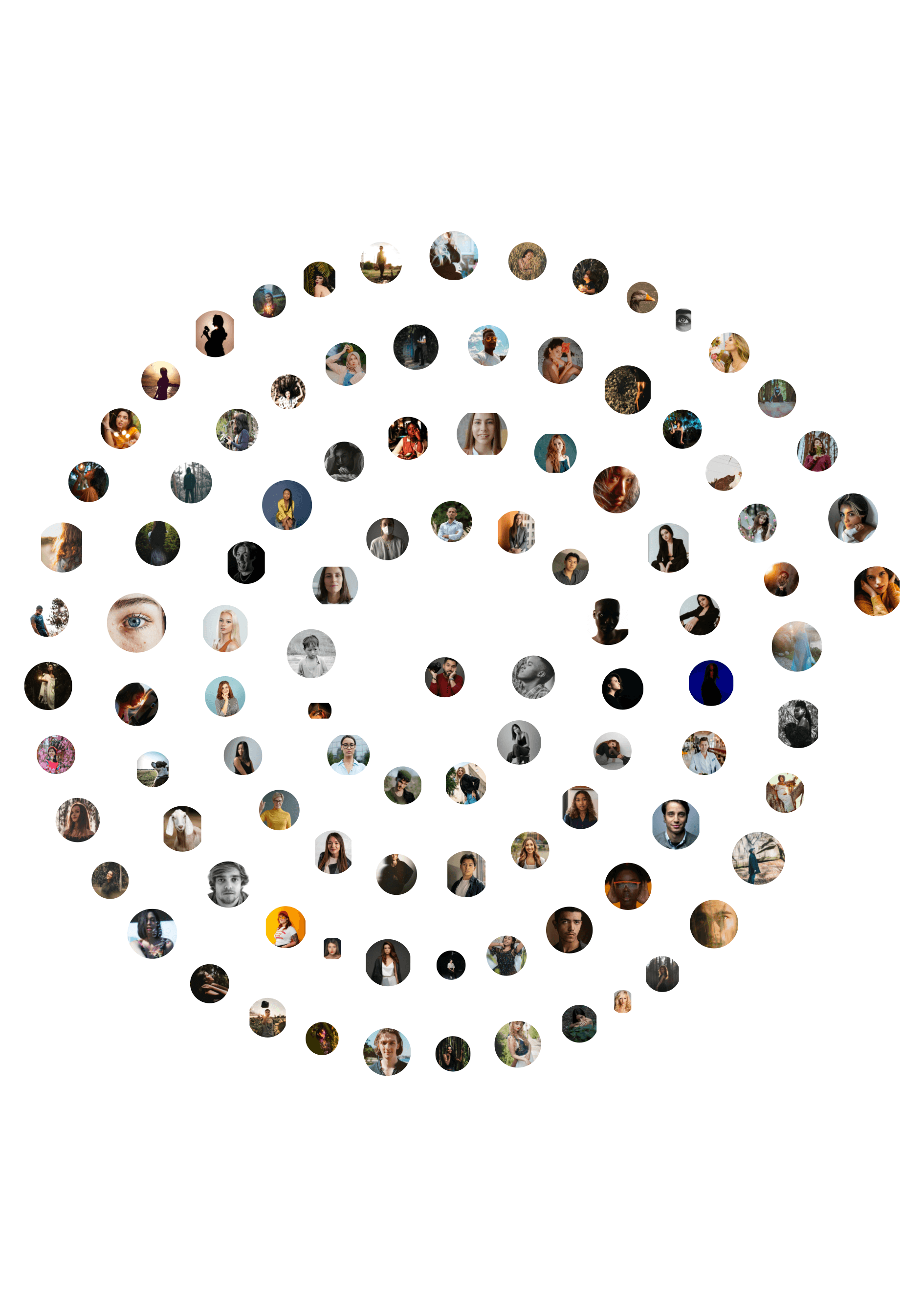 Classic spiral layout — hundreds of circular portrait photos radiating outward in concentric rings