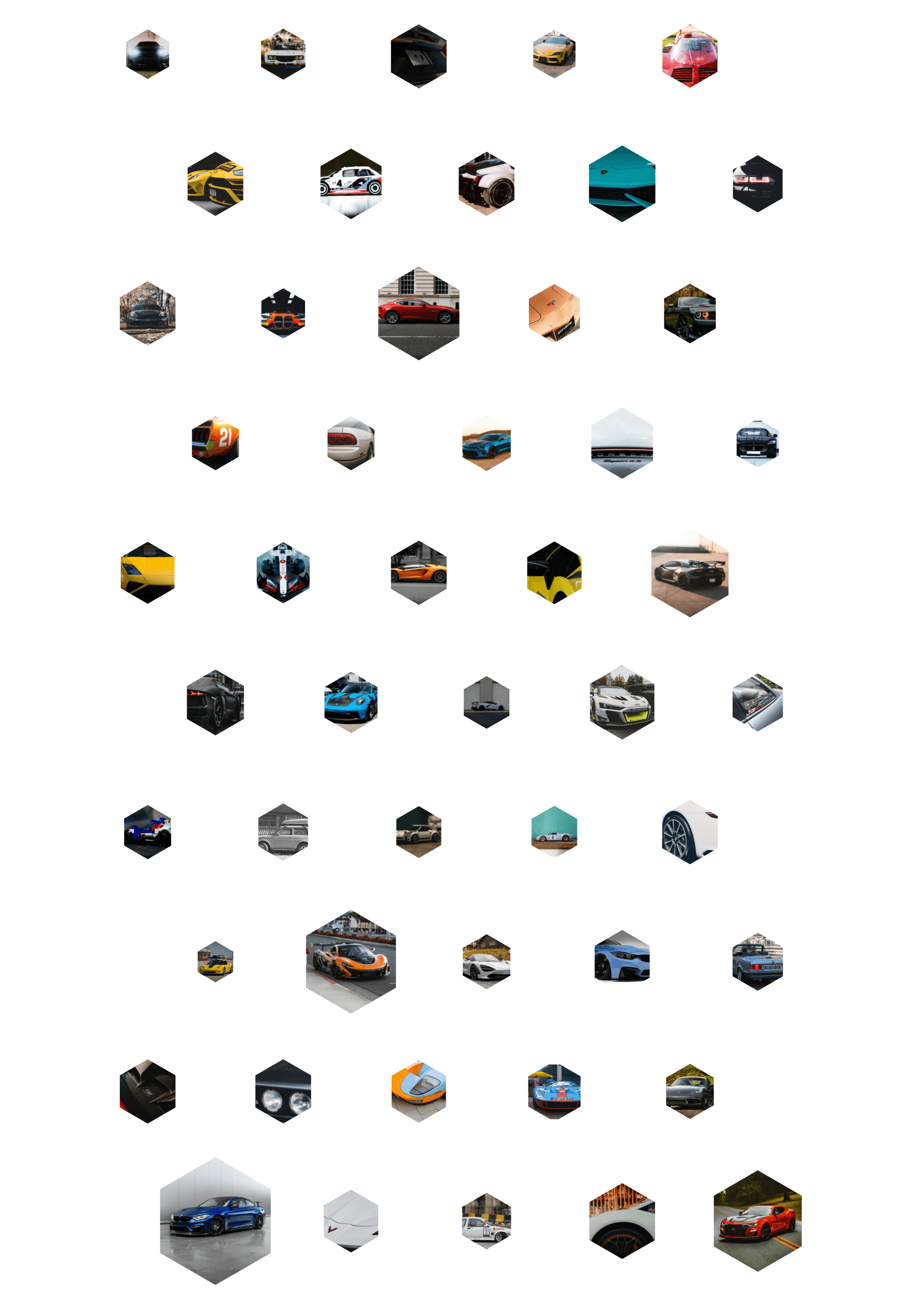 Honeycomb layout — curated sports car shots in hexagonal cells tessellated across a print sheet