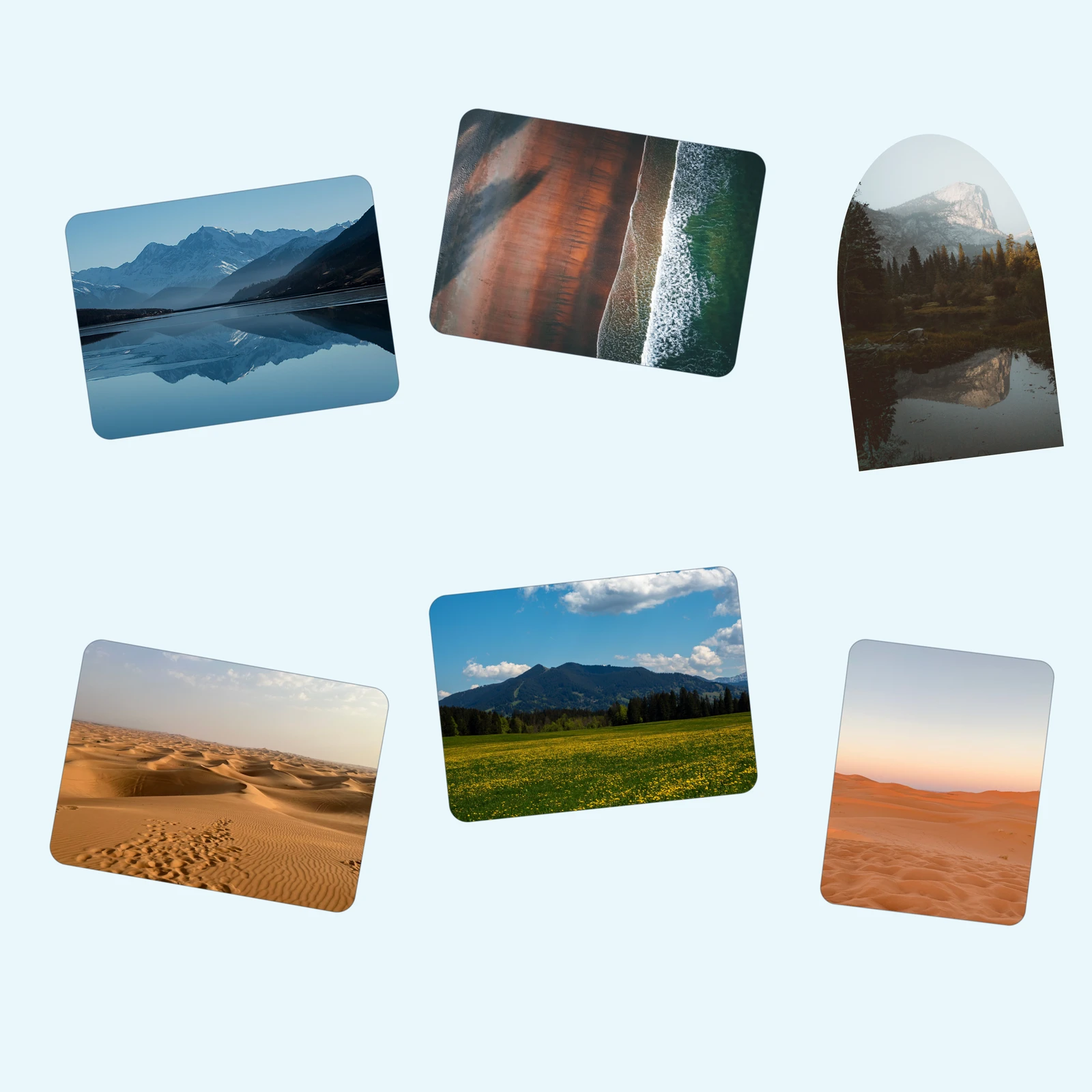 Six landscape photos in staggered rounded rectangles and one archway on a pale sky-blue square page